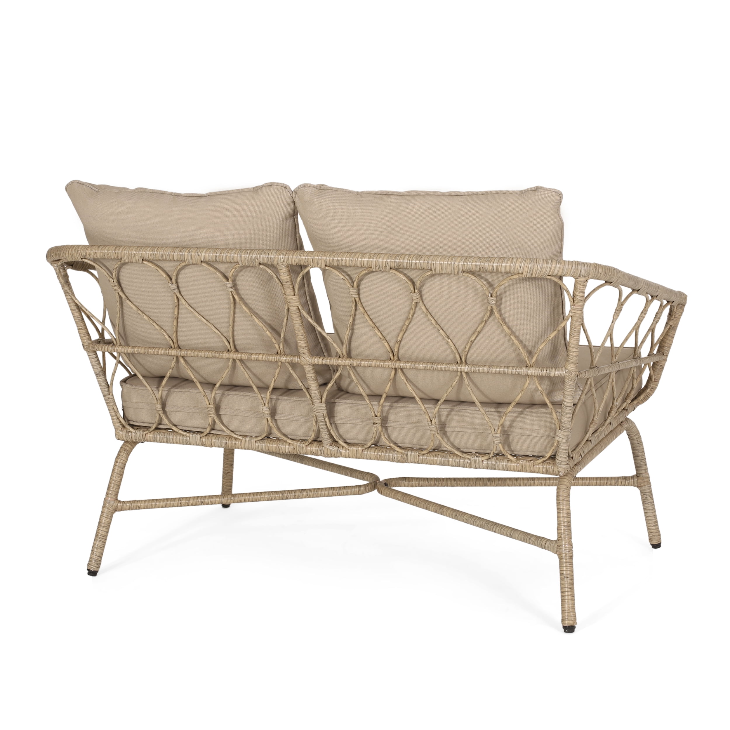 Outdoor Wicker Weave Double Seat Sofa, Leisure Couch for Patio Garden, Light Brown and Beige