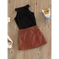 thumbnail image 3 of hirigin 2 Pieces Girls Suit Set, Solid Color Round Neck Sleeveless Ribbed Tops+ Leather Skirt for Summer, 6 Months-5 Years, 3 of 9