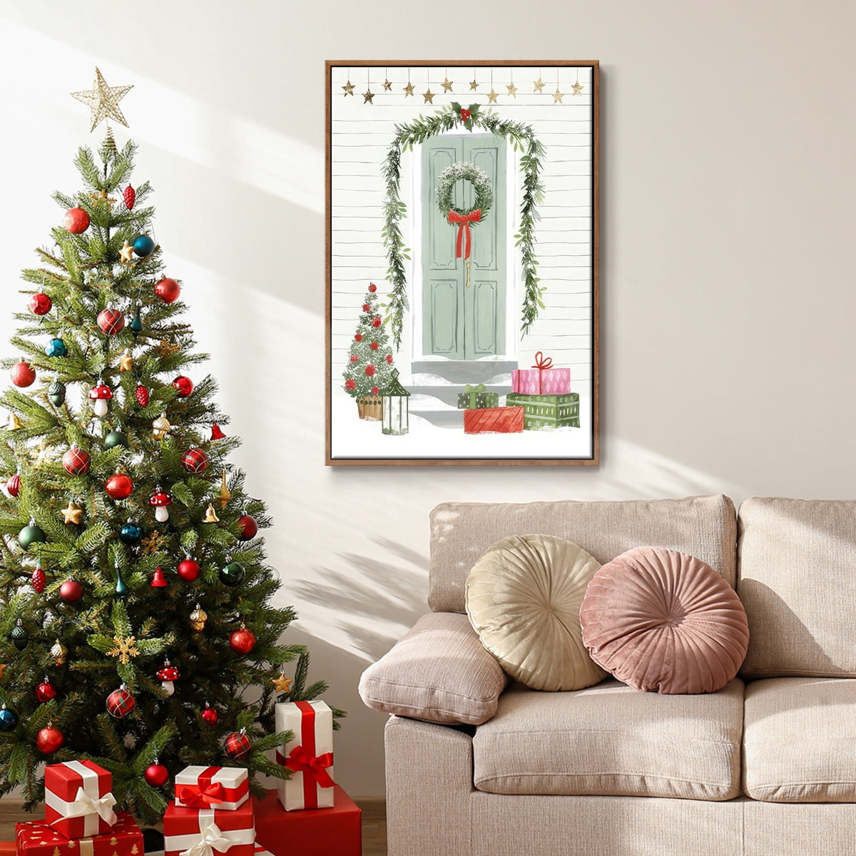 Festive Front Door I - Framed Gallery Wrapped Holiday Canvas - 17 x 25 - Rosewood Frame