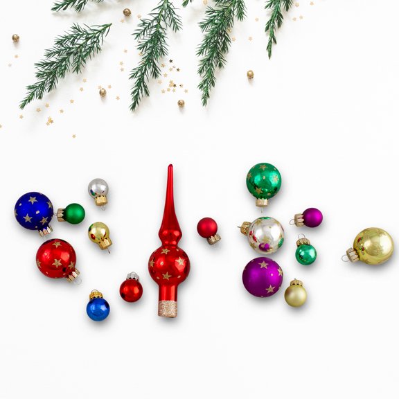 Northlight 16-Piece Assorted Glass Ball Christmas Ornaments with Tree Topper - Multi-Color