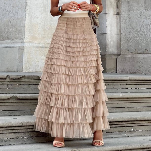 Falda de malla con volantes para mujer falda larga ajuste holgado estilo Sexy traje diario sencillo y