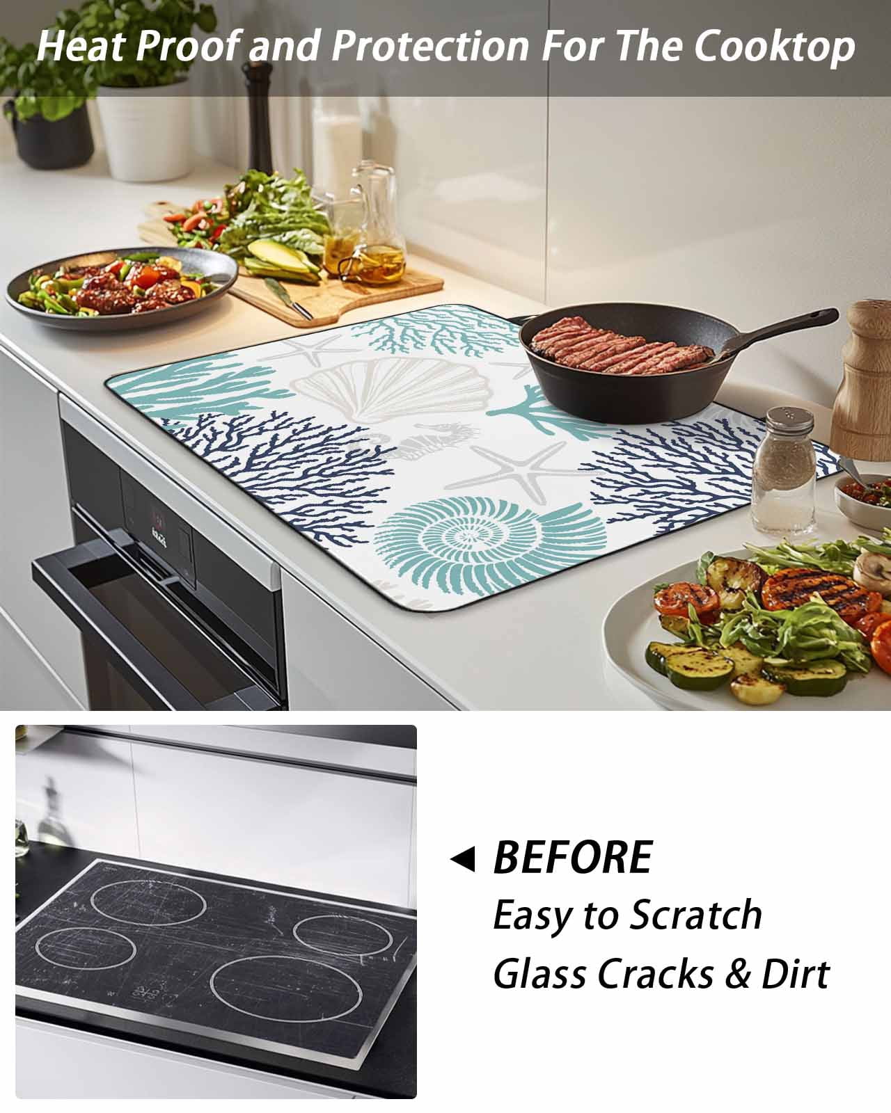 Stove Top Covers for Electric Stove, Teal Blue Grey Coastal Glass Stovetop Cover Protector, Summer Beach Coral Shell Starfish Induction Cooktop Protector Oven Mat for Kitchen Countertop 24"x21"