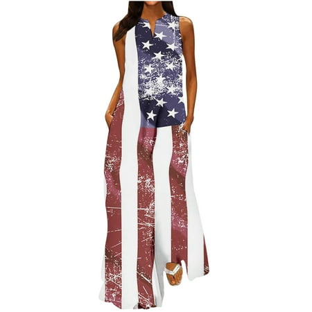 

4th of July Women Maxi Dresss Casual Summer V-Neck American Flag Printed Dresses Summer Sleeveless Flowy Swing Dress Sundress