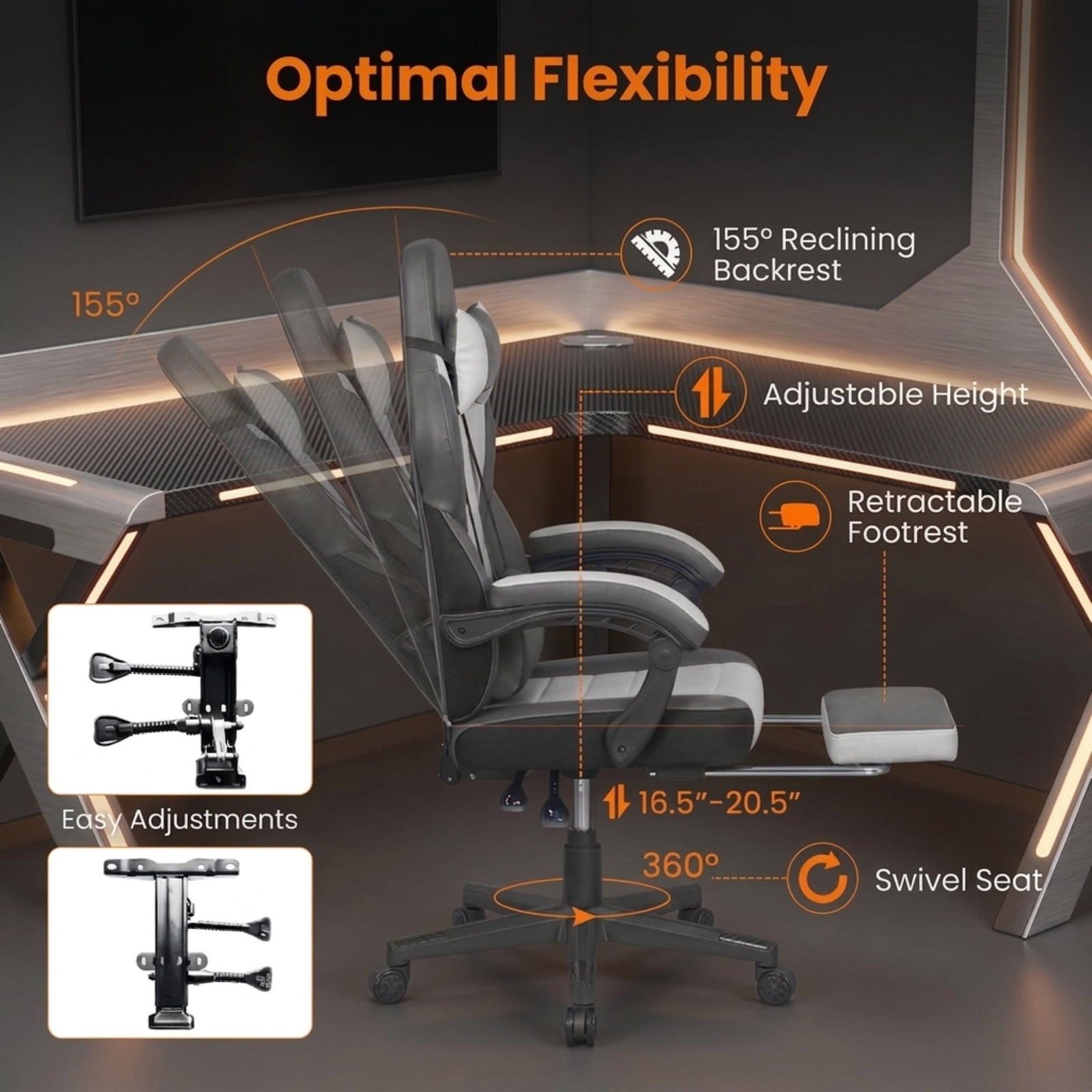 Furnibear Ergonomic Video Game Chair with Headrest 155 Degree Reclining Backrest Retractable Footrest and Swivel Base for Home Office, Gray