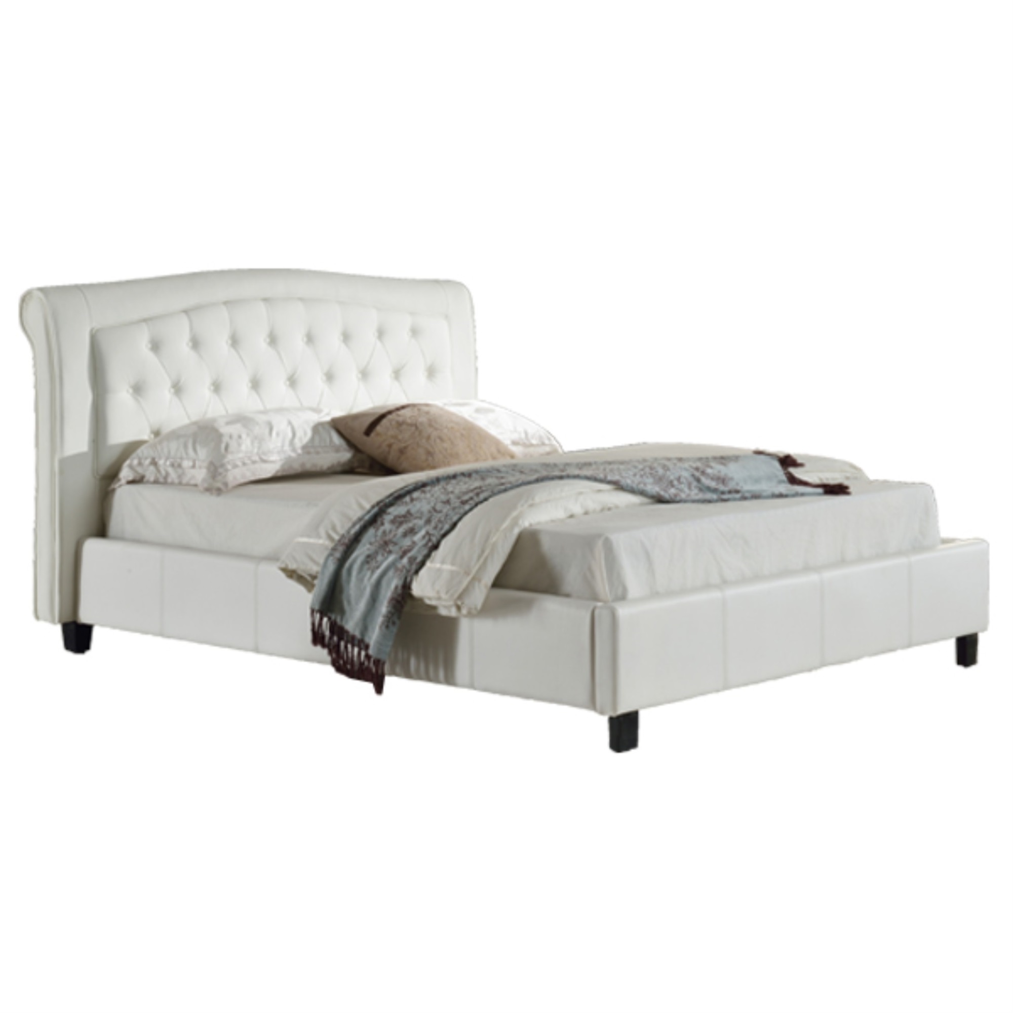California King Size Platform Bed With Button Tufted Headboard White