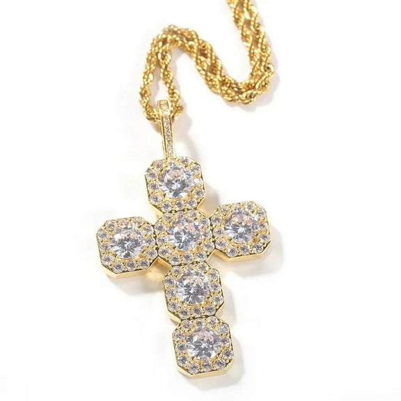 18K Gold Over Finish Simulated Diamond Iced Out Bling Holy Jesus Christ Cross Custom Charm Pendant Necklace, Birthday Gift, Free chain