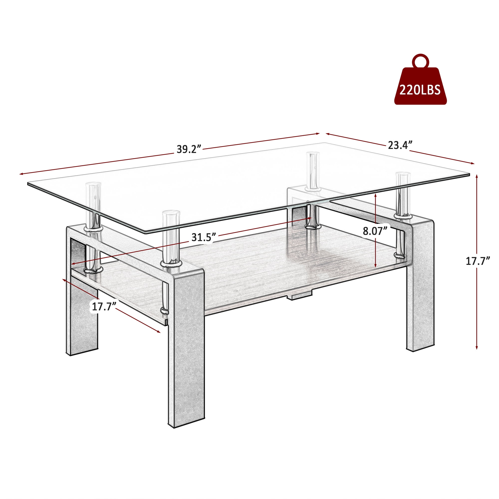 Alvantor Glass Coffee Table, 38.6" Modern Rectangle Tables with Clear Tempered Glass Top and MDF Layer for Living Room Brown