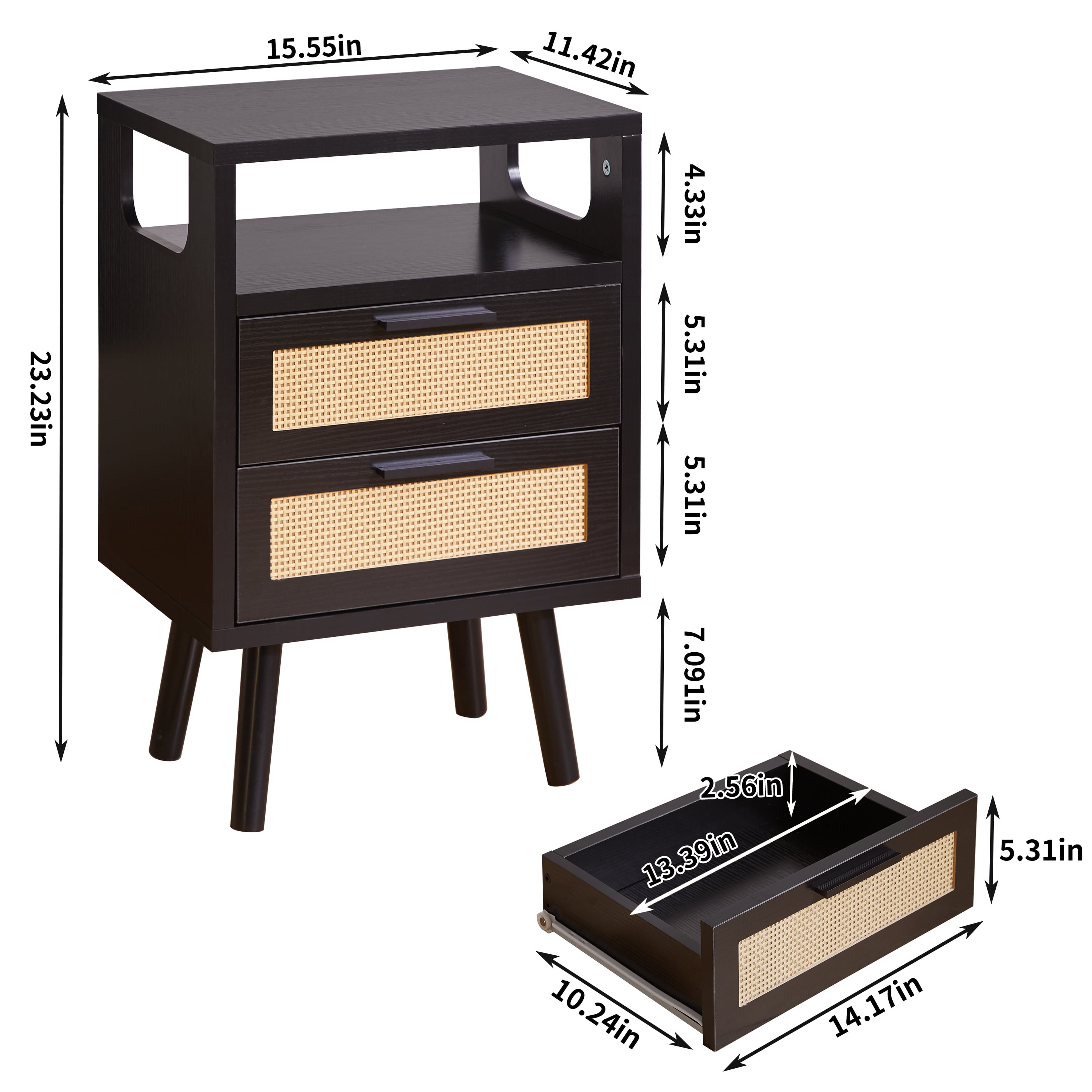 OTONIPU Rattan Nightstands Set of 2 with 2 Drawers, Modern Wood Bedside Tables with Black Handles, Black End Tables