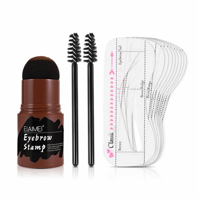 Eyebrow Stamp Stencil Kit, Eyebrow Definer Powder Stamp Makeup with 10 Reusable Eyebrow Stencils, 2 Eyebrow Brushes, Waterproof Long Lasting Eyebrow Makeup Tools Dark Brown