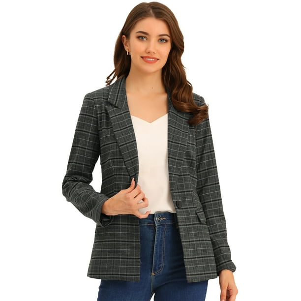 Blazers para mujer Chaqueta tipo blazer a cuadros con solapa con muesca Boyfriend Gris Negro S