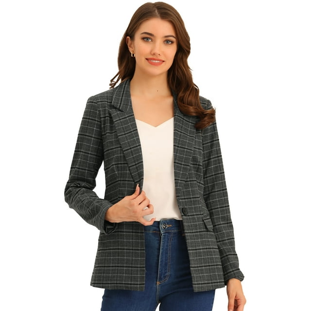 Blazers para mujer Chaqueta tipo blazer a cuadros con solapa con muesca Boyfriend Gris Negro M