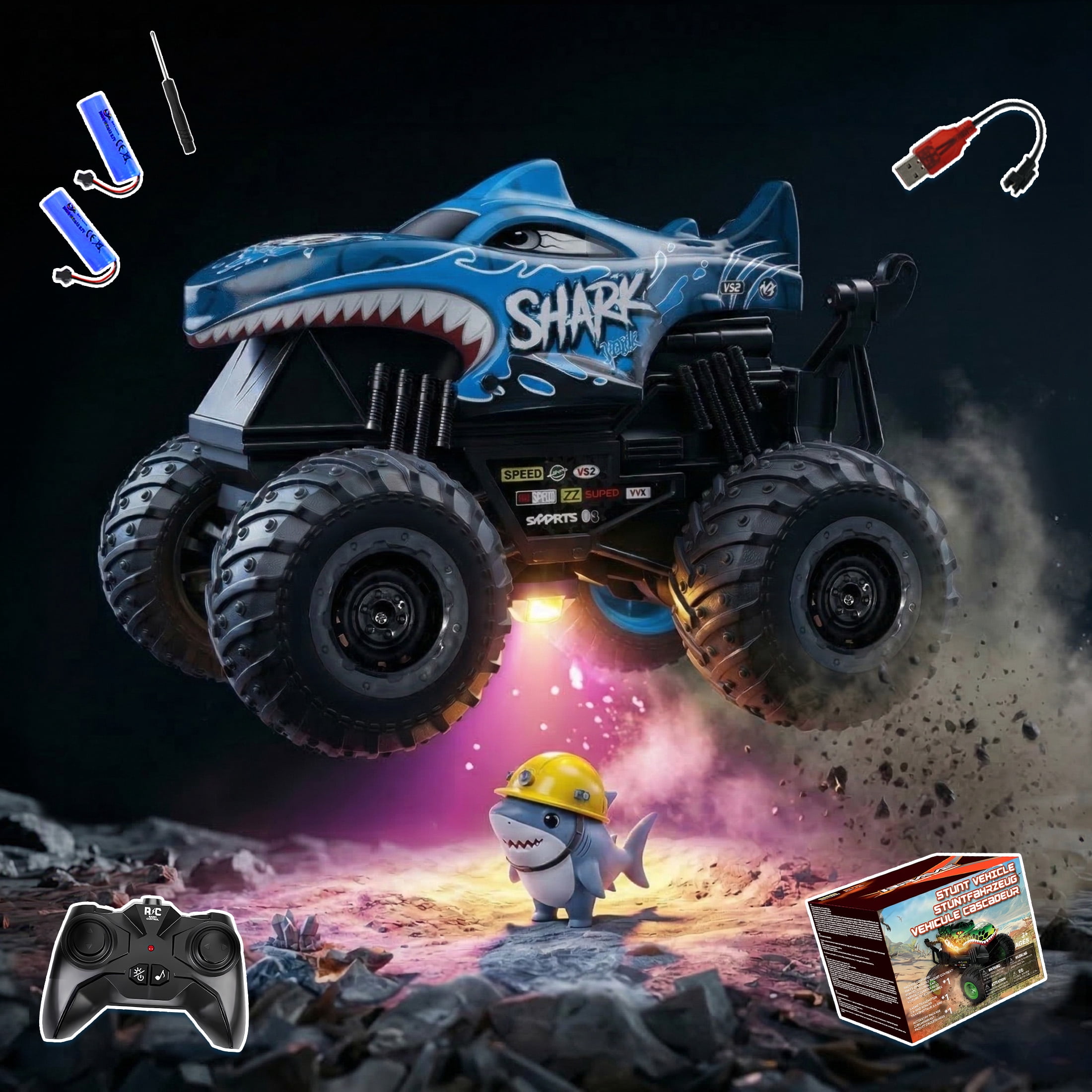 YCFUN RC Monster Truck Toy for Kids, 360° Spins RC Car with Music and LED Car Shell & Wheels for Boys Girls Ages 3+ (Blue)