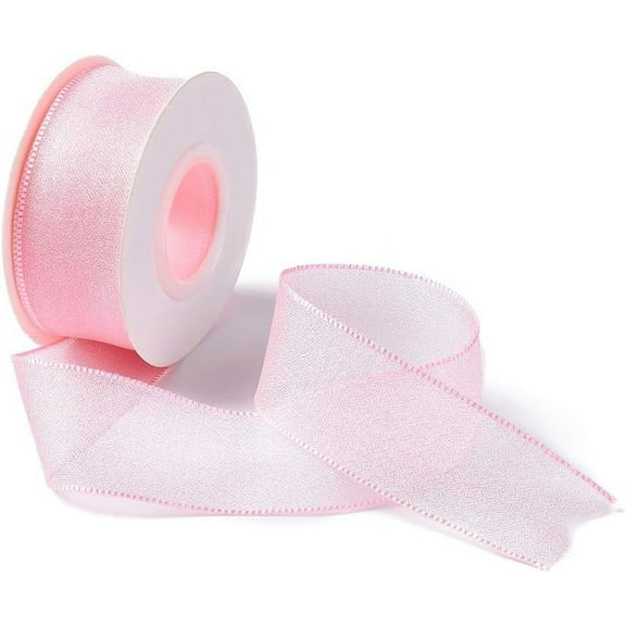 1 Inch Light Pink Sheer Chiffon Ribbon Organza Mesh Clear Ribbon Transparent Sheer Fabric Ribbons Wired Bulk Roll with Spool for Sewing Making Crafts Gift Wrapping Flower Bouquet DIY Supply