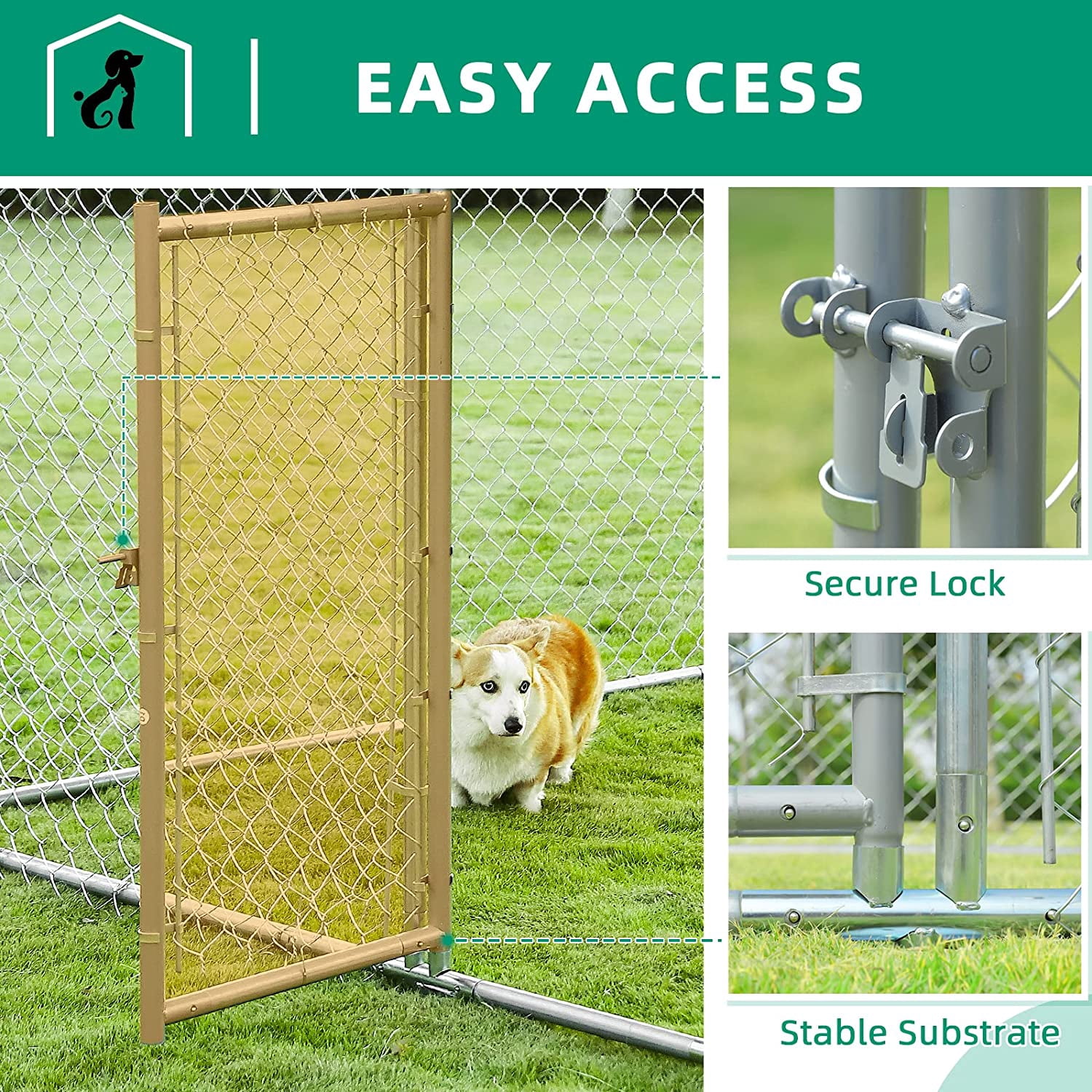 VIVIJASON Outdoor Large Dog Kennel Heavy Duty Fence Dog Cage with Galvanized Chain Link, Outside Pen Playpen Dog Run House with UV & Waterproof Cover and Secure Lock for Backyard