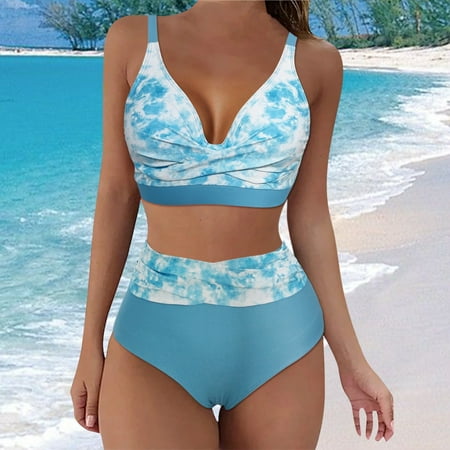 Rigardu Hot Sale!! Bikini Sets for Women High Waisted Two Piece Bathing Suit Tummy Control Swimsuits Halter Color Block Swimwear 2025 New Large Waist Swimwear Split Tie Dyed Bikini Light Blue M