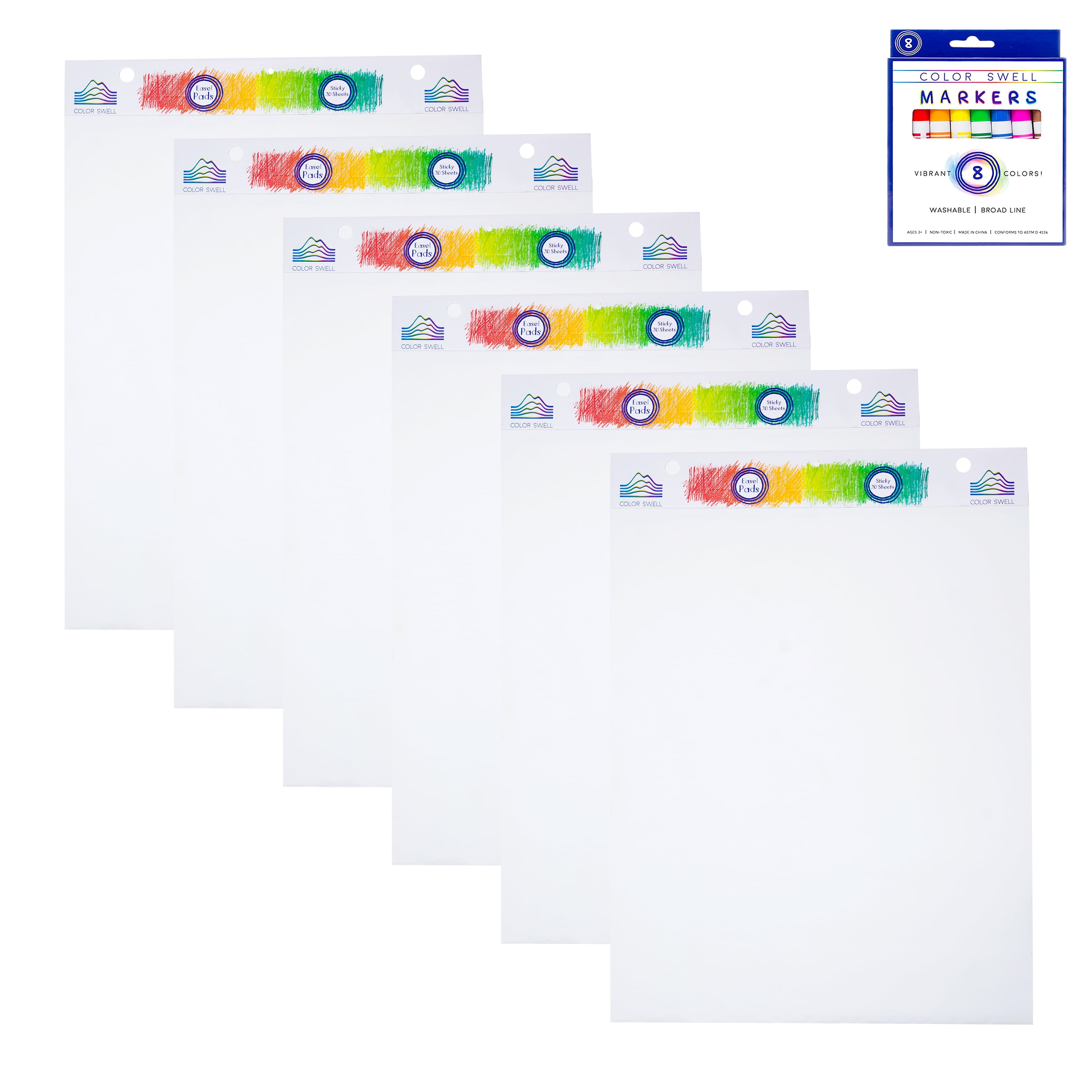 Color Swell Bulk Easel Pads 6 Pack 30 Sheets Each Plus Bonus Broad Line Markers, Size: 30 x 25, White