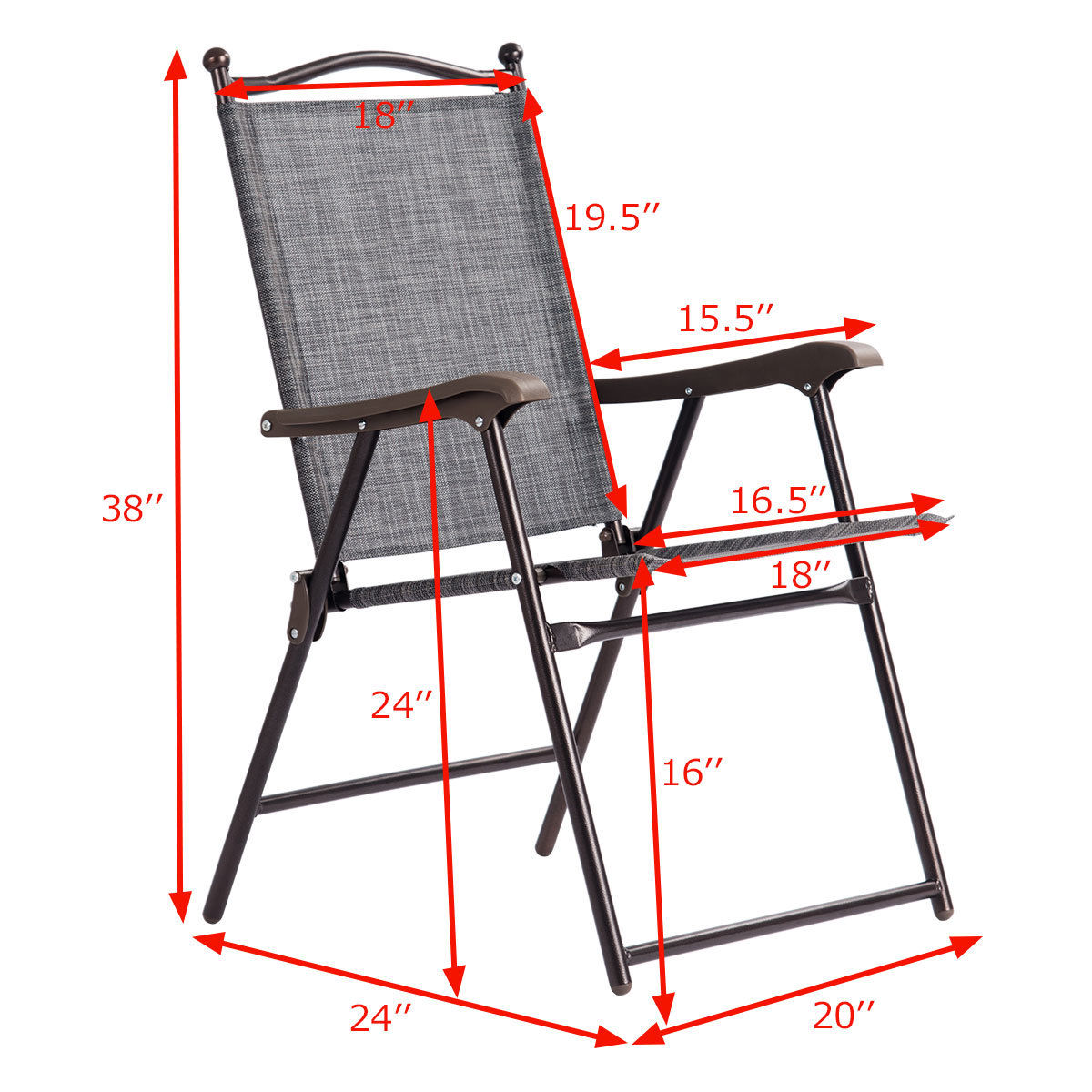 Costway Set of 2 Patio Folding Sling Back Chairs Camping Deck Garden Beach Gray - image 2 of 9