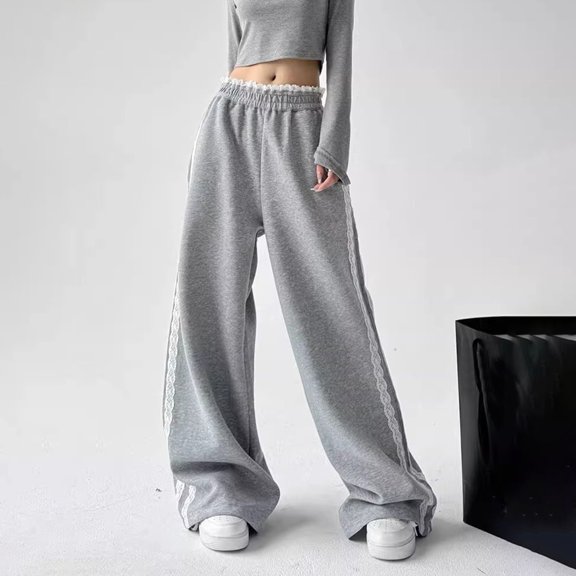 Angala Little Girls Active Pants Wide Leg Sweatpants With Lace Trim Fall Casual Girls Baggy Trousers