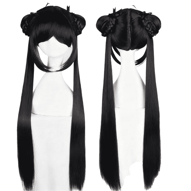 Peluca para cosplay anime, larga, negra, doble cola de caballo con trenza, 70 cm