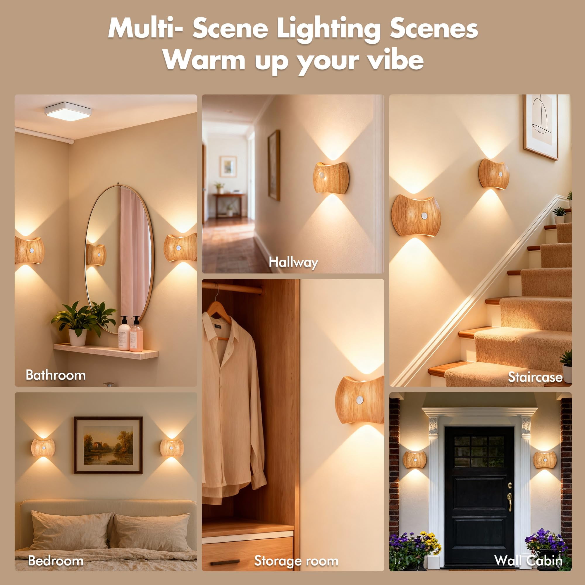Motion Sensor Wall Lights Indoor - Rechargeable Wall Lights Up & Down, Wireless Battery Operated Wall Sconce Set of 4for Bedroom, Hallway, Stair, Living Room Decor, Wood Cordless Magnetic Wall Lamp