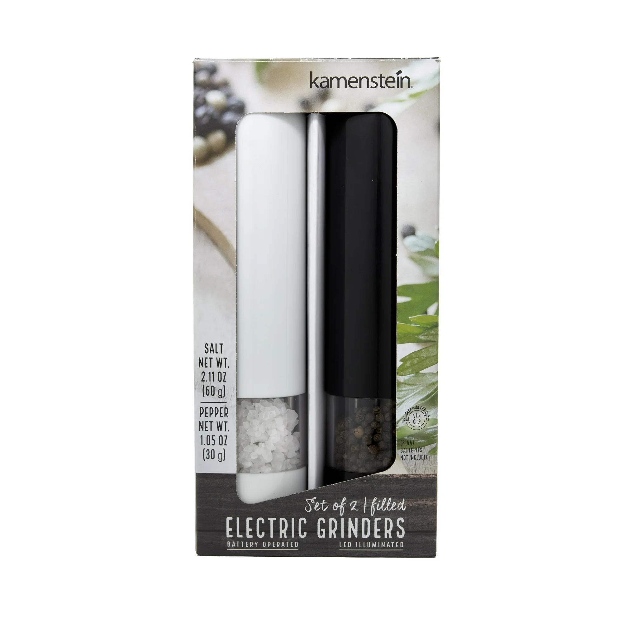 KAMENSTEIN 8-INCH BATTERY OPERATED PREFILLED SALT & PEPPER GRINDER SET, BLACK & WHITE