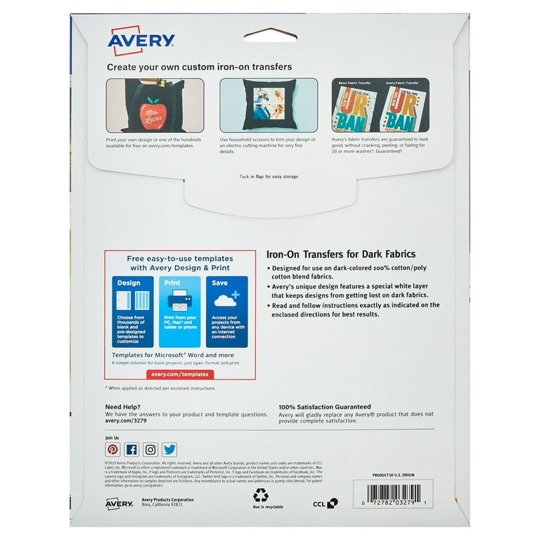 Avery® Dark Fabric Transfers, 2 x 3 Pre Die-Cut Iron-On Rectangle  Transfers, 3 Sheets, 24 Total (2230)