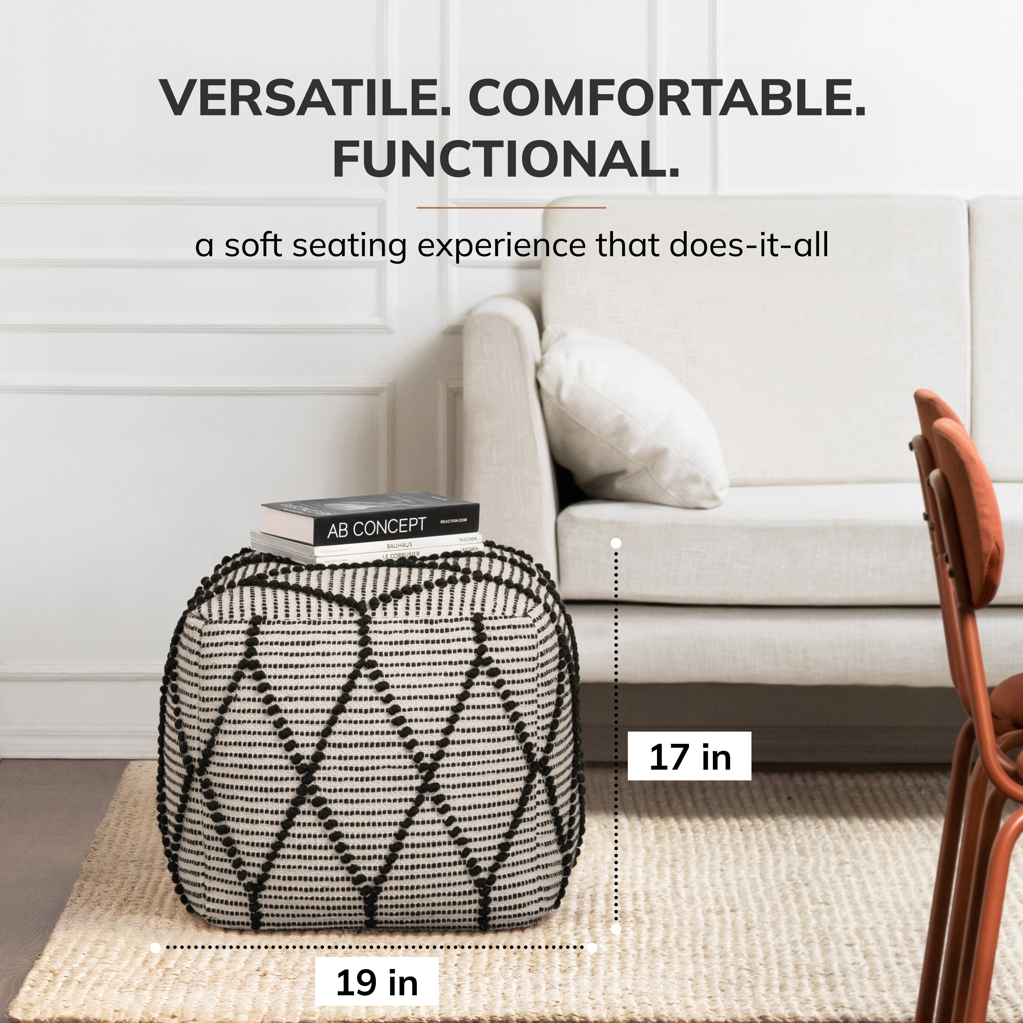 Anji Mountain Pouf Ottoman Foot Rest, Handmade Ottoman Pouf, Comfortable Foot Stool, Decorative Floor Seating for Living Room Decor, Bedroom & Home Décor Accent - Black/White