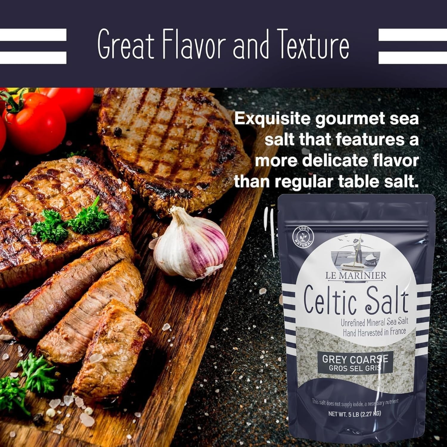 Le Marinier Celtic Salt Organic Grey Coarse, 5lb Mineral Rich 100% Natural and Unrefined French Sea Salt Organic. Hand Harvested Mineral Sea Salt, Sal Celtica Organica, Sel Gris (5lb Grey Coarse)
