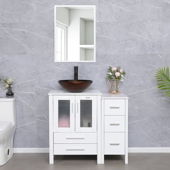 Eclife 36"W x 20"D x 32"H White Bathroom Vanity Cabinet Sink Combo Brown Round Tempered Glass Vessel Sink with Side Cabinet with Faucet Drain High Definition Mirror Set