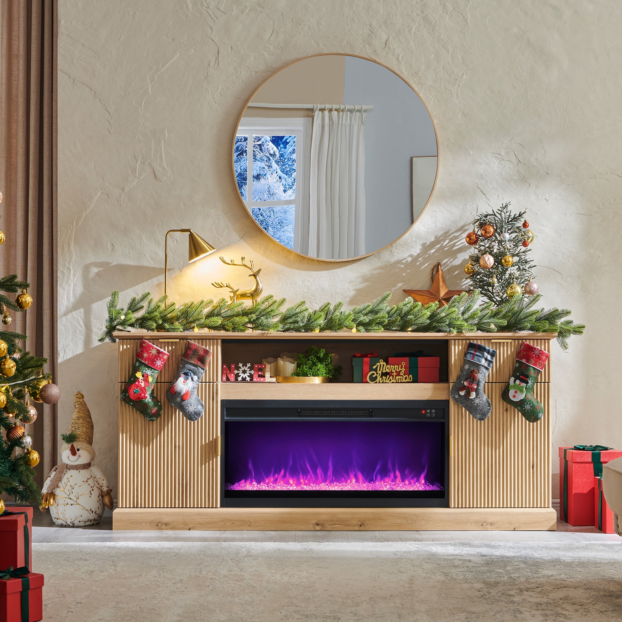 SinCiDo 80" Fireplace TV Stand 80 inch, Modern Entertainment Center with Drawers and Doors