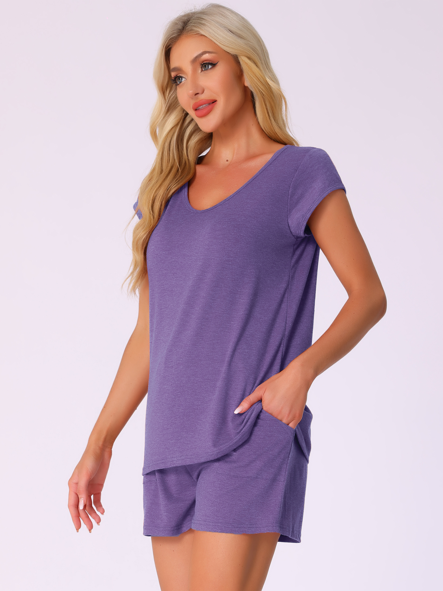 DARING DIVA 2 Pieces Lounge Knit Tee and Shorts Pajama Set L Purple