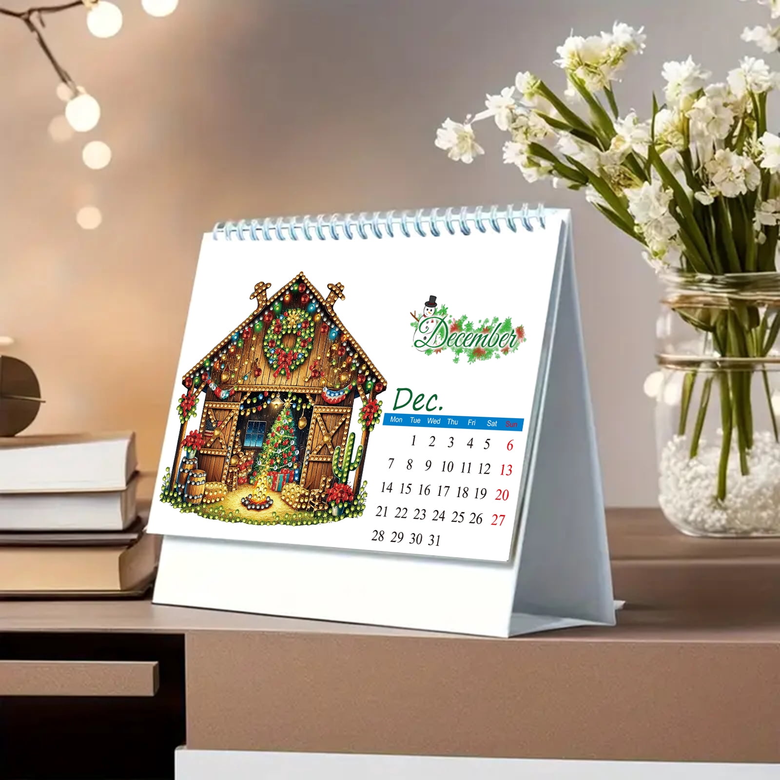 FLOPESN 2026 Desk Calendar DIY Diamond Painting Craft Kit – Complete Paper Calendar with Special Drills, Holiday Wreath & Gnome Themes for Home Office Decor-Mountain Squirrel