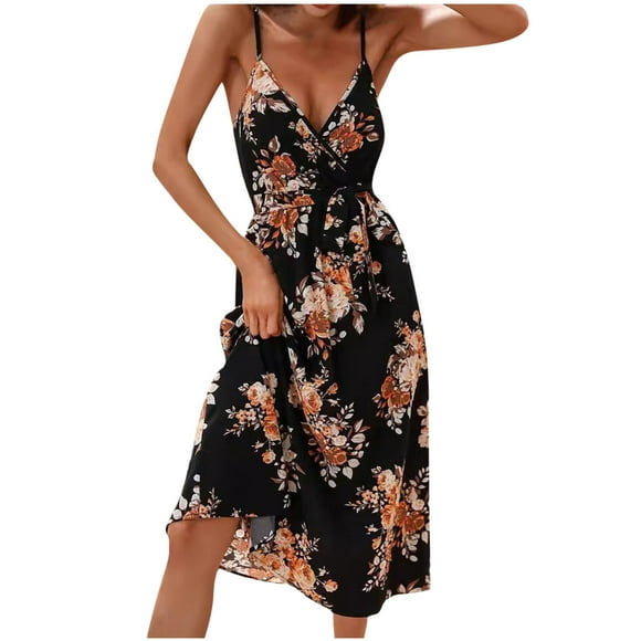 COM1950s Summer Dress for Women, Dress for Women, Summer Classic Fashionable Women's Sleeveless V-Neck Printed Waist Wrapped Middle Style Sling Dress, Women's Summer Dress, Women's Summer Dress