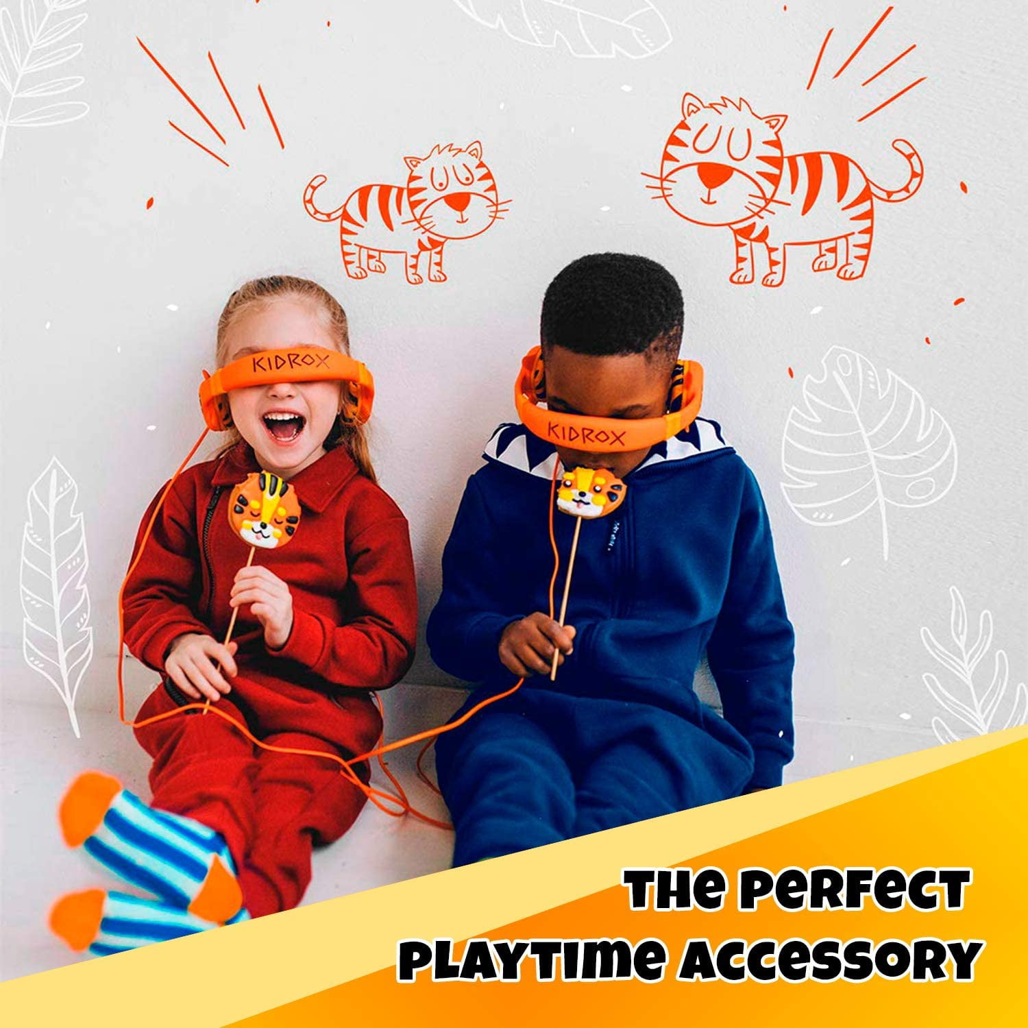 kidrox tiger-ear kids headphones, 85db volume limited, adjustable and safe hearing protection, tangle free cable, wired on-ear earphones for children toddler boys girls