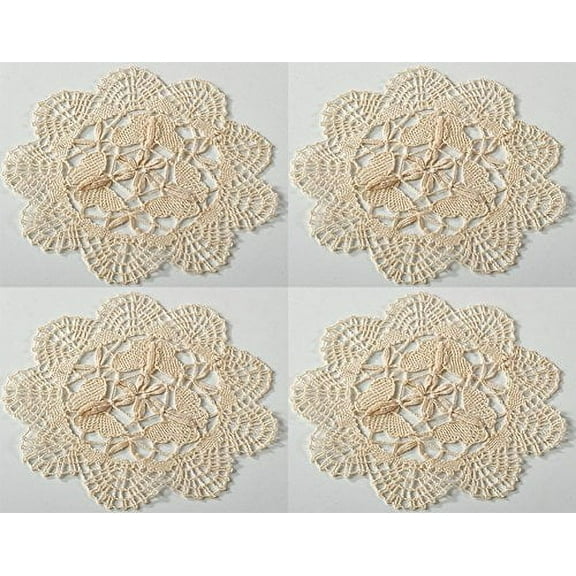 Fennco Styles Handmade All-over Cluny Lace Cotton Doilies, 6 Inches Round, Beige (4)