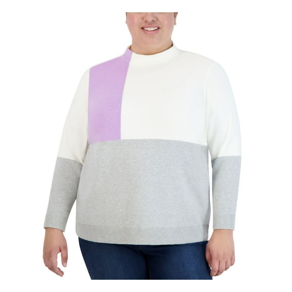 JONES NEW YORK Womens Gray Color Block Long Sleeve Mock Neck Sweater Plus 1X