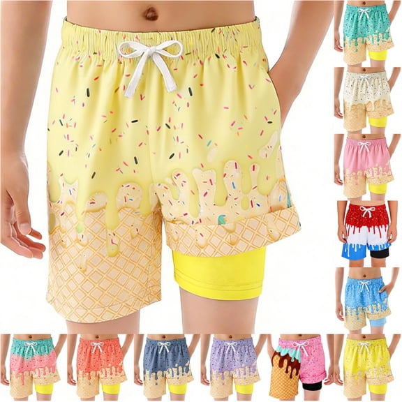 JAJAHO Boys Swim Trunks Boy Bathing Suit Quick Dry Swim Shorts With Liner Ice Cream Printed Drawstring Swimwear Bottoms With Pockets 2-14Y