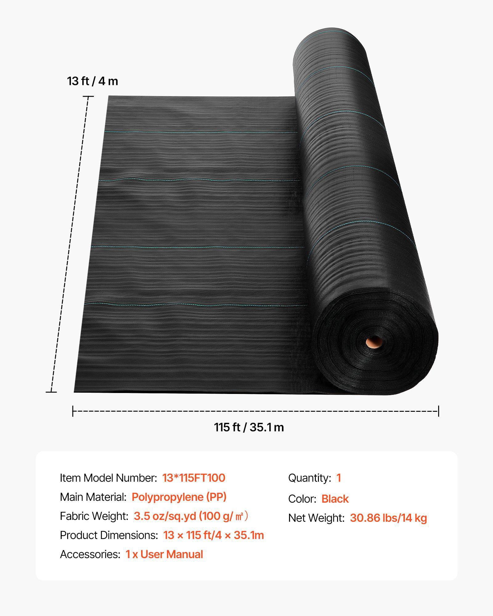 Heavy Duty Weed Barrier Fabric 13x115FT 3.5oz Woven Landscape Fabric for Garden Weed Control Black Geotextile Ground Cover Mat