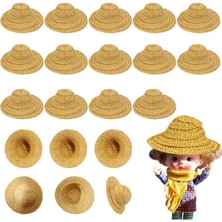 20pcs Mini Straw Hats 4.1x1.9inch Mini Hand Knitting Straw Hats for Dolls DIY Crafts Dollhouse Costume Accessories Craft Birthday Weddings Theme Parties Pale Goldenrod
