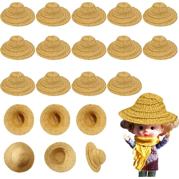 20pcs Mini Straw Hats 4.1x1.9inch Mini Hand Knitting Straw Hats for Dolls DIY Crafts Dollhouse Costume Accessories Craft Birthday Weddings Theme Parties