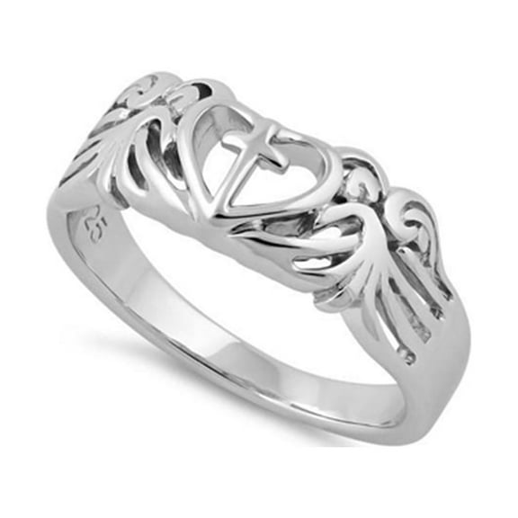 925 Sterling Silver Platinum Plated Cross Heart Wings Women Valentines Day Gifts Ring