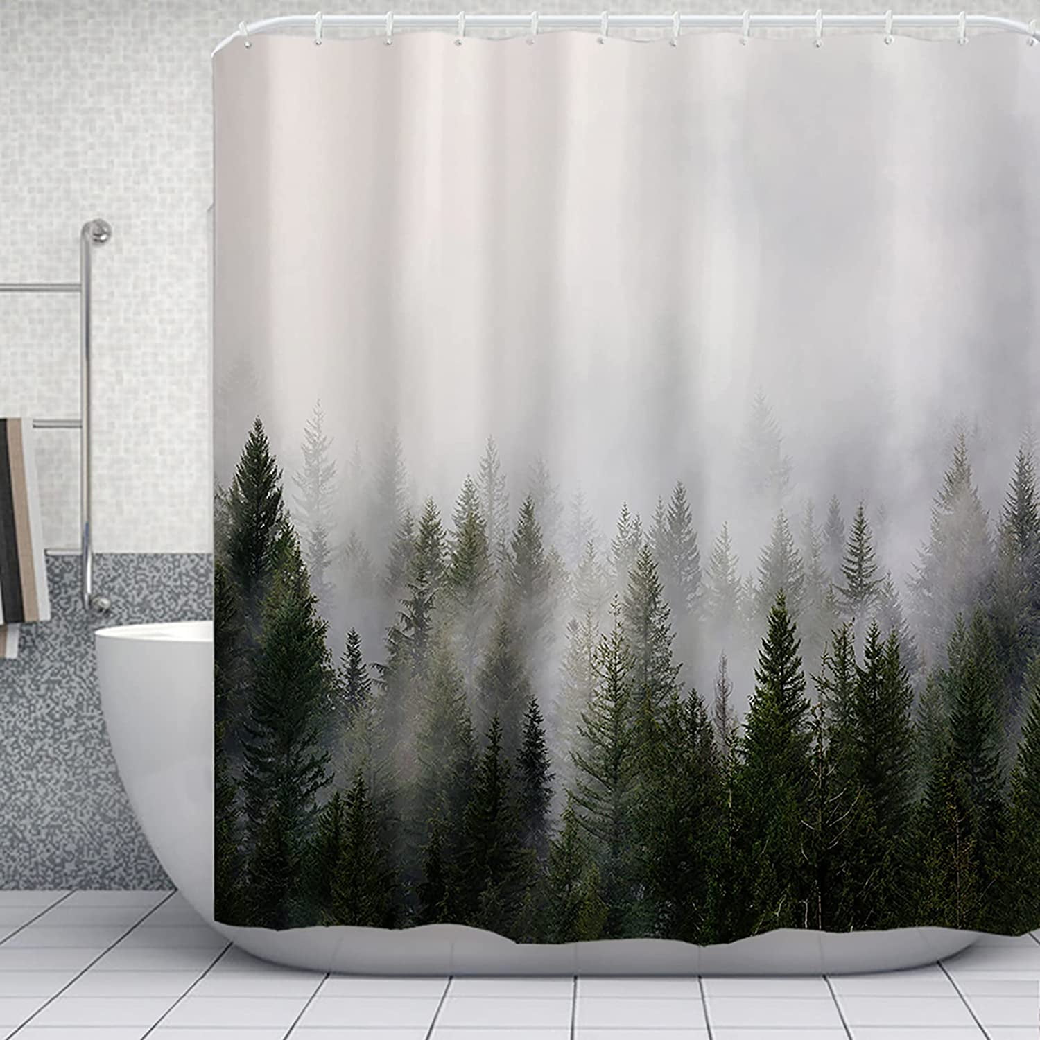Fog Forest Mountain Nature Bathroom Waterproof Fabric Shower Curtain & 12 Hooks 