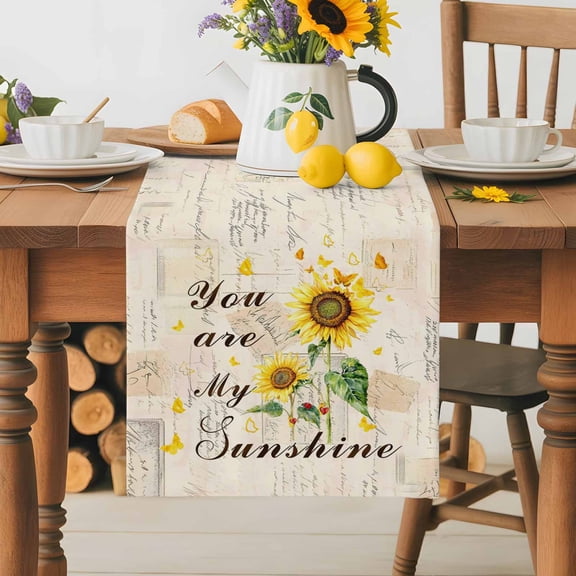 Burlap Table Runner 36 Inches Long, You Are My Sunshine Words Non-Slip Kitchen Table Runners for Dining Room Everyday Use Party Table Decorations Retro Sunflowers on Paper