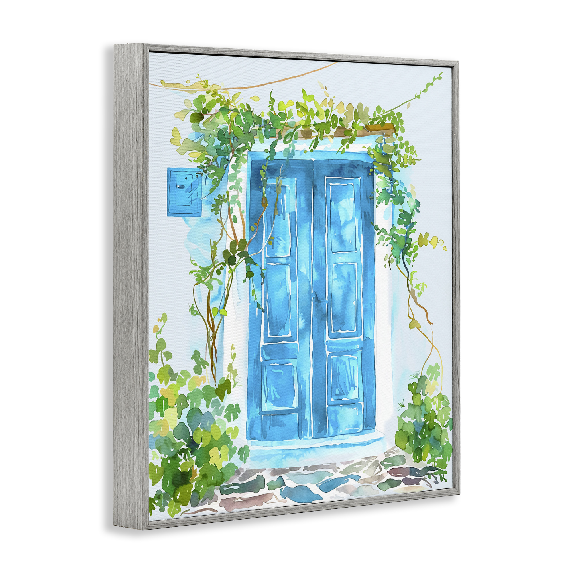 Stupell Industries Blue Vine Covered Door Scenery Painting Gray Framed Art Print Wall Art, 16 x 20