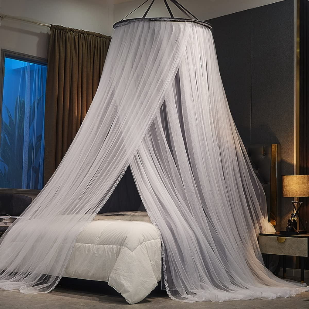 Luxurious Bed Canopy for Girls & Adults - Double Layer Princess Canopy with Lace, Round Dome Mosquito Netting for Queen/King Bed Tent (New Gray)