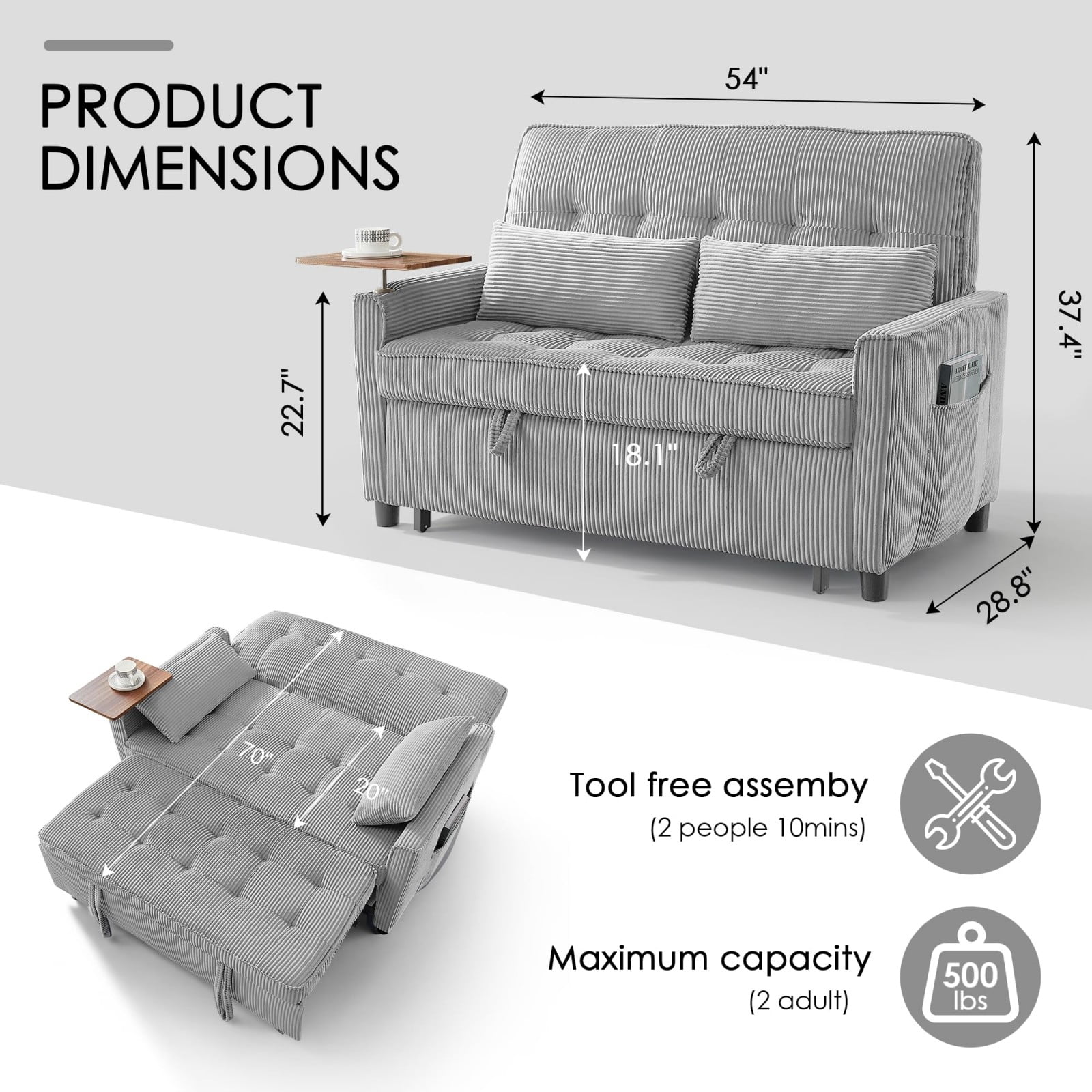 54" Sleeper Sofa Bed, Convertible Pull Out Couch Futon with Side Table, USB Charging Port, Corduroy Fabric, Adjustable Backrest Sofa Bed for Apartment Office, Light Gray