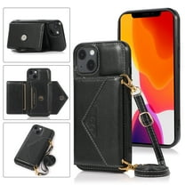 Phone Case for iPhone 14 Wallet Cover with Wrist Crossbody Strap Lanyard Credit Shoulder Card Holder Slot Stand Leather Back Magnetic Flip Cell Accessories For iPhone 14, Black