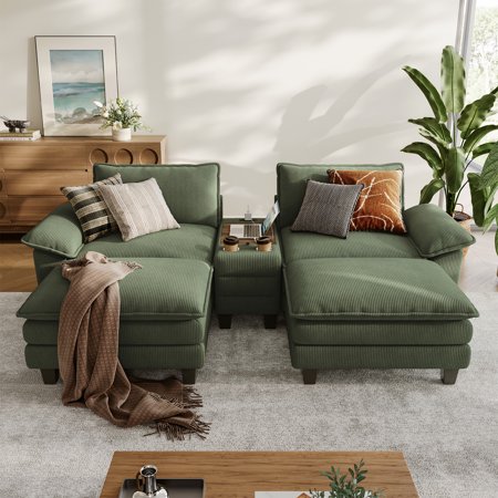Linsy Home Oversized Modular Cloud Sectional Sofa with 2 Ottomans 4 Seat Couches and Sofas Sectional with Versatile Console Green