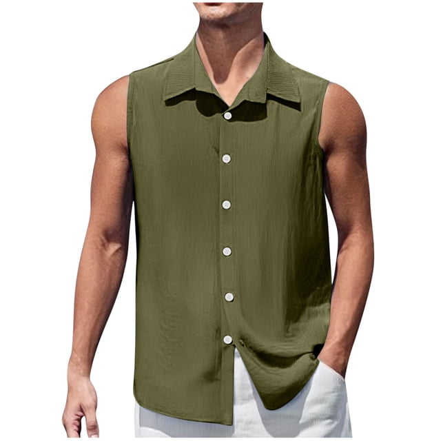 fheaev Débardeurs d'Entraînement pour Hommes en Coton Lin Boutons Cardigan Sans Manches Chemises de Musculation Chemises de Plage pour Musculation Gym Entraînement Physique Col Rabattu Tee-Shirts de Sport Vacances d'Été
