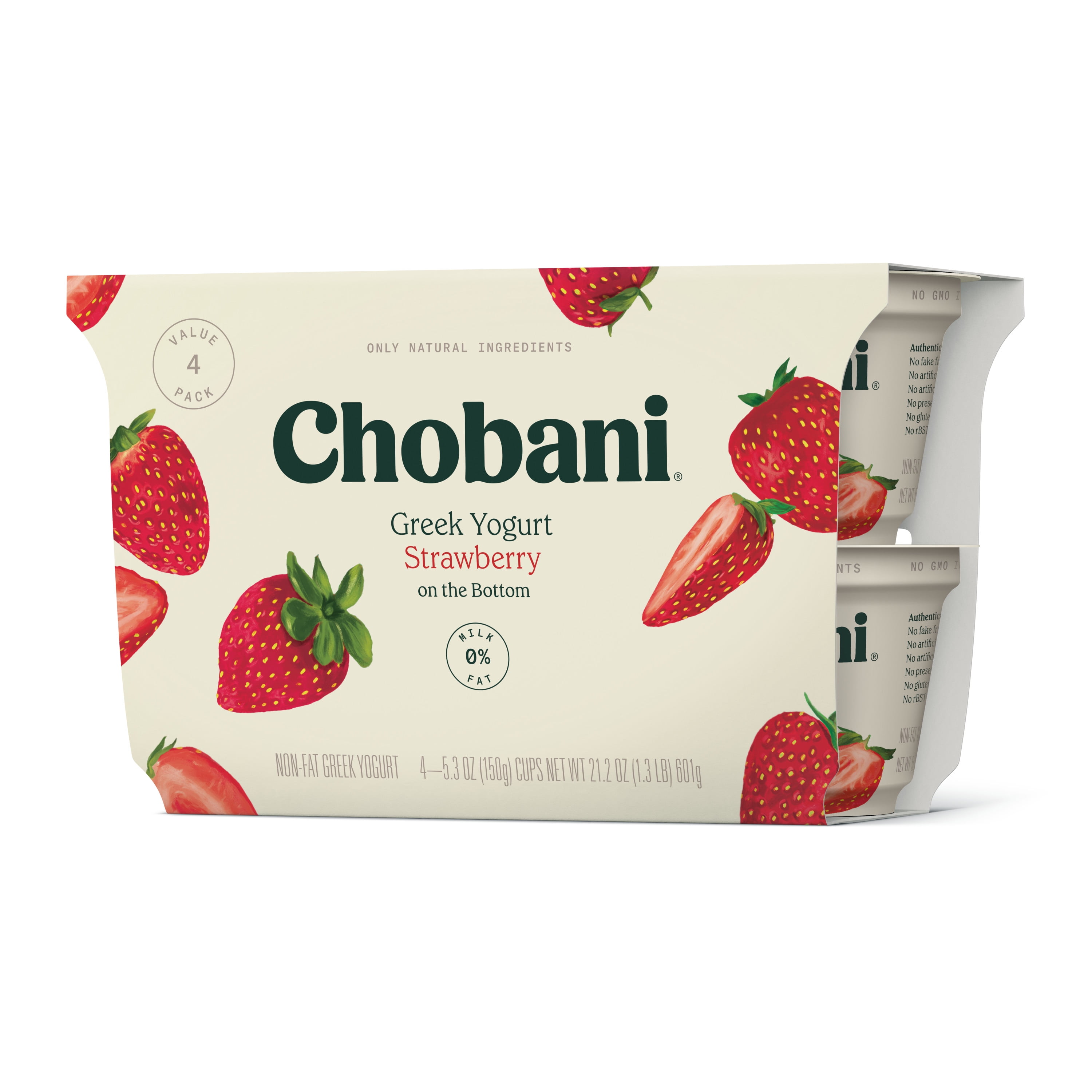 Chobani Non-Fat Greek Yogurt, Strawberry on the Bottom 5.3 oz, 4 Count